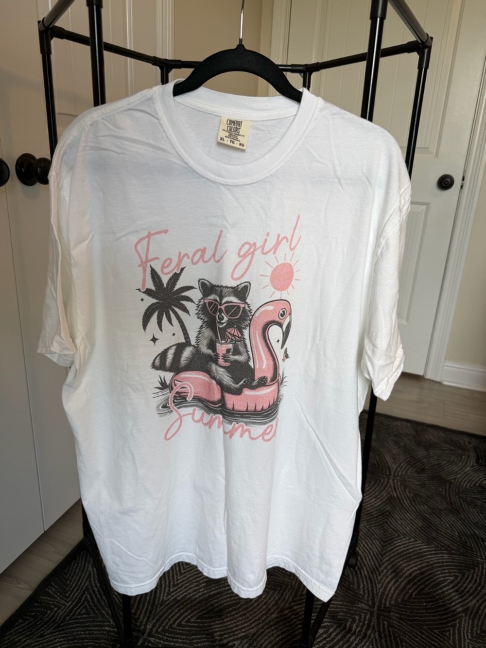 Comfort Colors White Tee with Pink & Gray Raccoon Summer Graphic